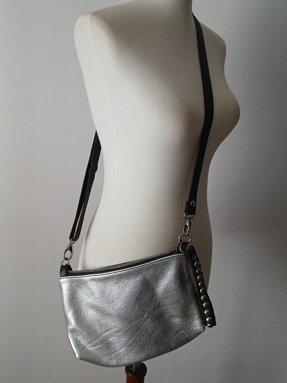Lynn Tallerico Silver Metallic Crossbody Bag with Stud Accent